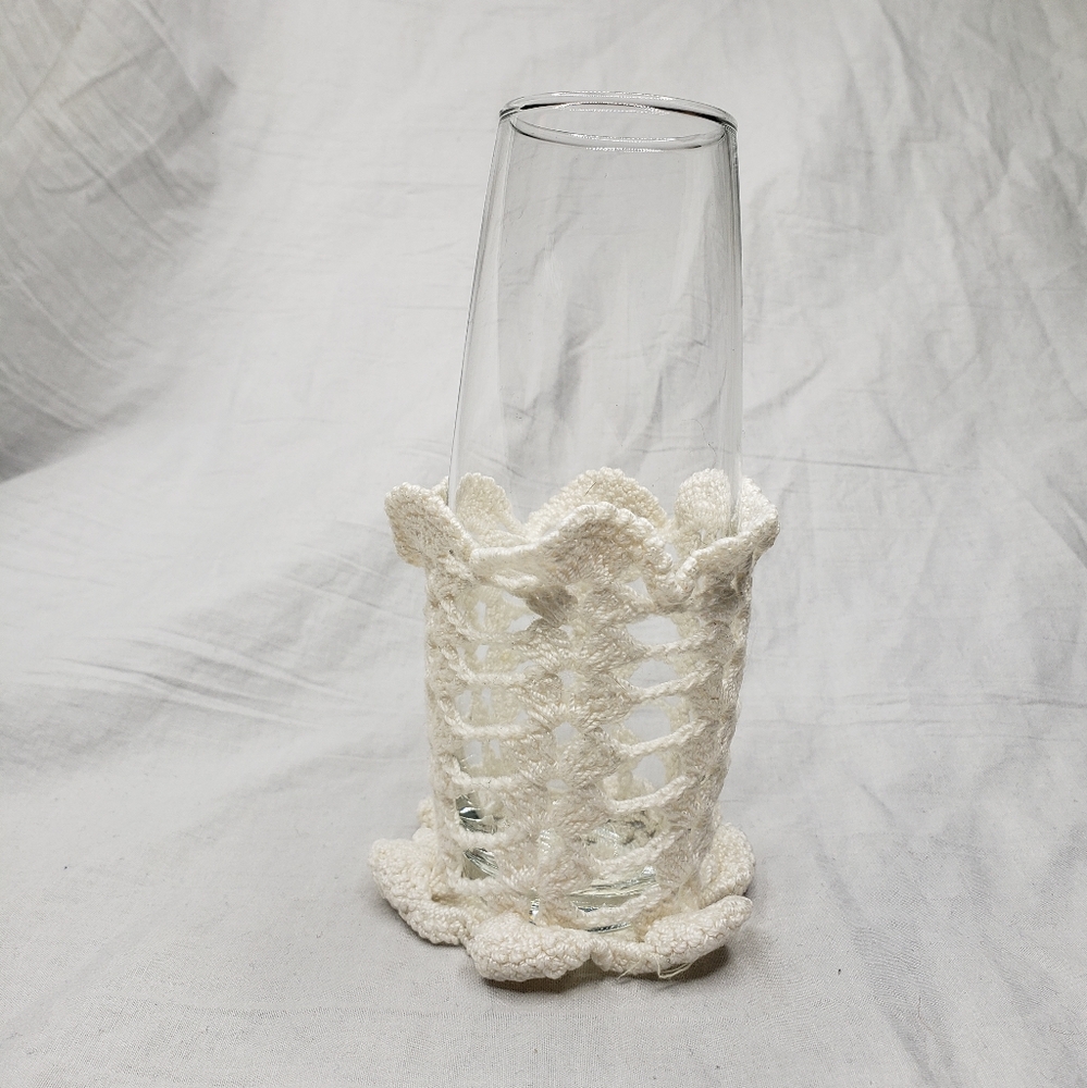 Boho Glass Vase With Vintage Crochet Lace Cozy Plant Starter 6.75"